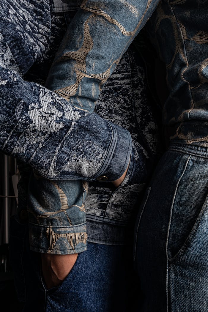 Fashionable denim with intricate embroidery offers a stylish look up close.