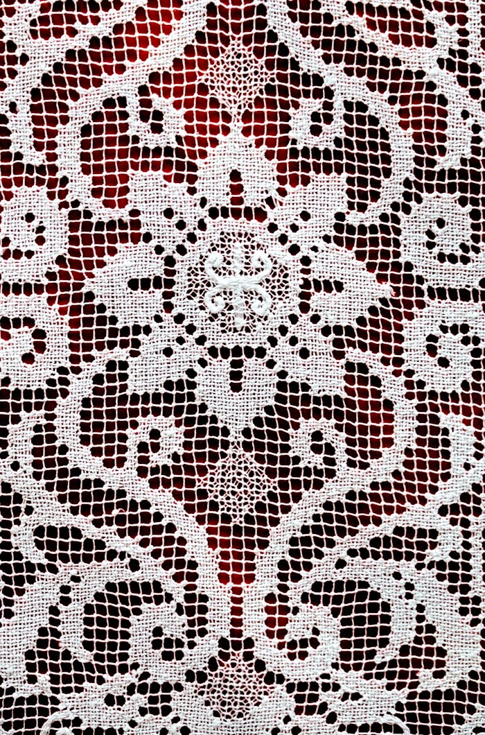 Detailed close-up of ornate lace fabric showing geometric and floral patterns.